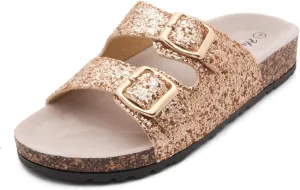 Herstyle Softey Womens Cork Footbed Sandals - Adjustable 2-Strap Comfort Slides | Slip On Open Toe Flat Sandals for Women | Summer Beach Casual Everyday Wear