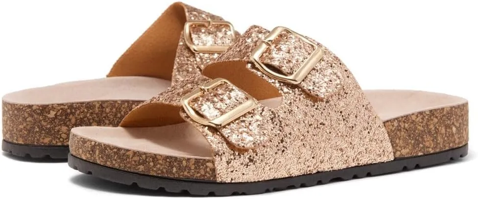 Herstyle Softey Womens Cork Footbed Sandals - Adjustable 2-Strap Comfort Slides | Slip On Open Toe Flat Sandals for Women | Summer Beach Casual Everyday Wear