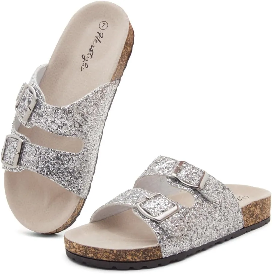Herstyle Softey Womens Cork Footbed Sandals - Adjustable 2-Strap Comfort Slides | Slip On Open Toe Flat Sandals for Women | Summer Beach Casual Everyday Wear