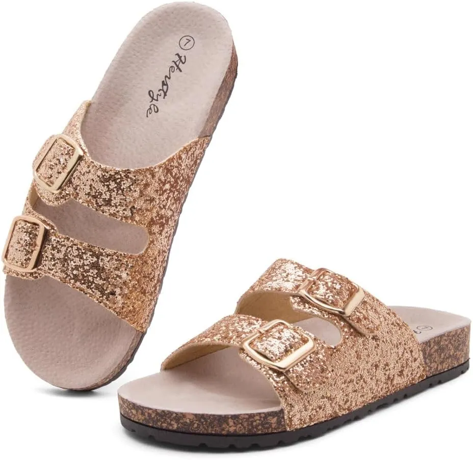 Herstyle Softey Womens Cork Footbed Sandals - Adjustable 2-Strap Comfort Slides | Slip On Open Toe Flat Sandals for Women | Summer Beach Casual Everyday Wear