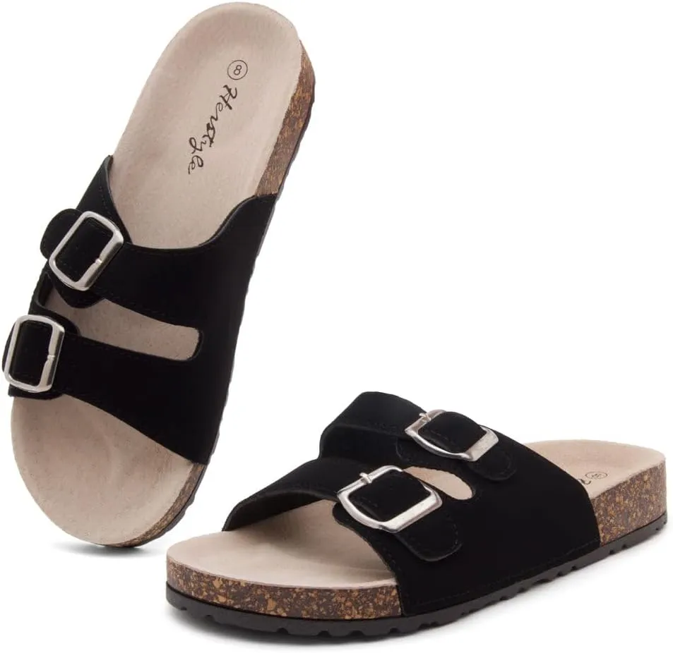 Herstyle Softey Womens Cork Footbed Sandals - Adjustable 2-Strap Comfort Slides | Slip On Open Toe Flat Sandals for Women | Summer Beach Casual Everyday Wear