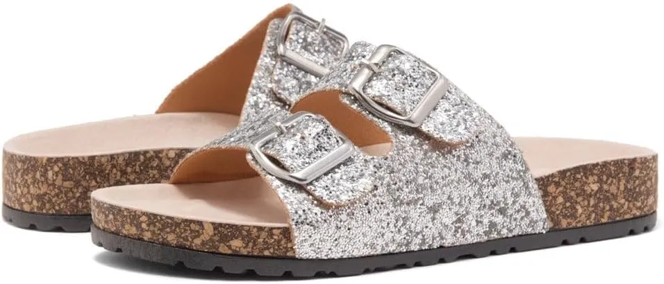 Herstyle Softey Womens Cork Footbed Sandals - Adjustable 2-Strap Comfort Slides | Slip On Open Toe Flat Sandals for Women | Summer Beach Casual Everyday Wear