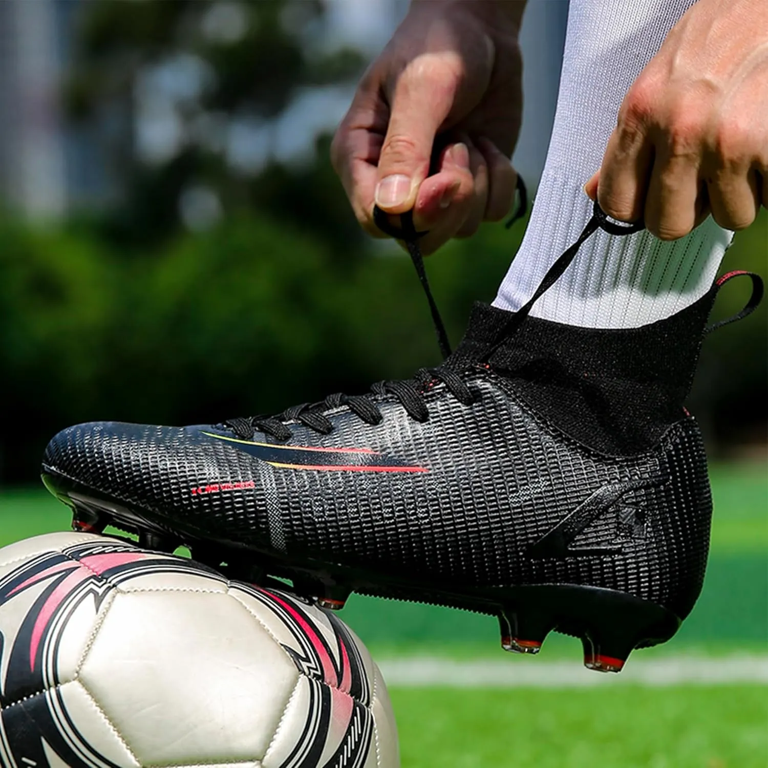 HHY Men's Soccer Shoes Football Cleats with Lace-Up High-Tops Non-Slip Spikes