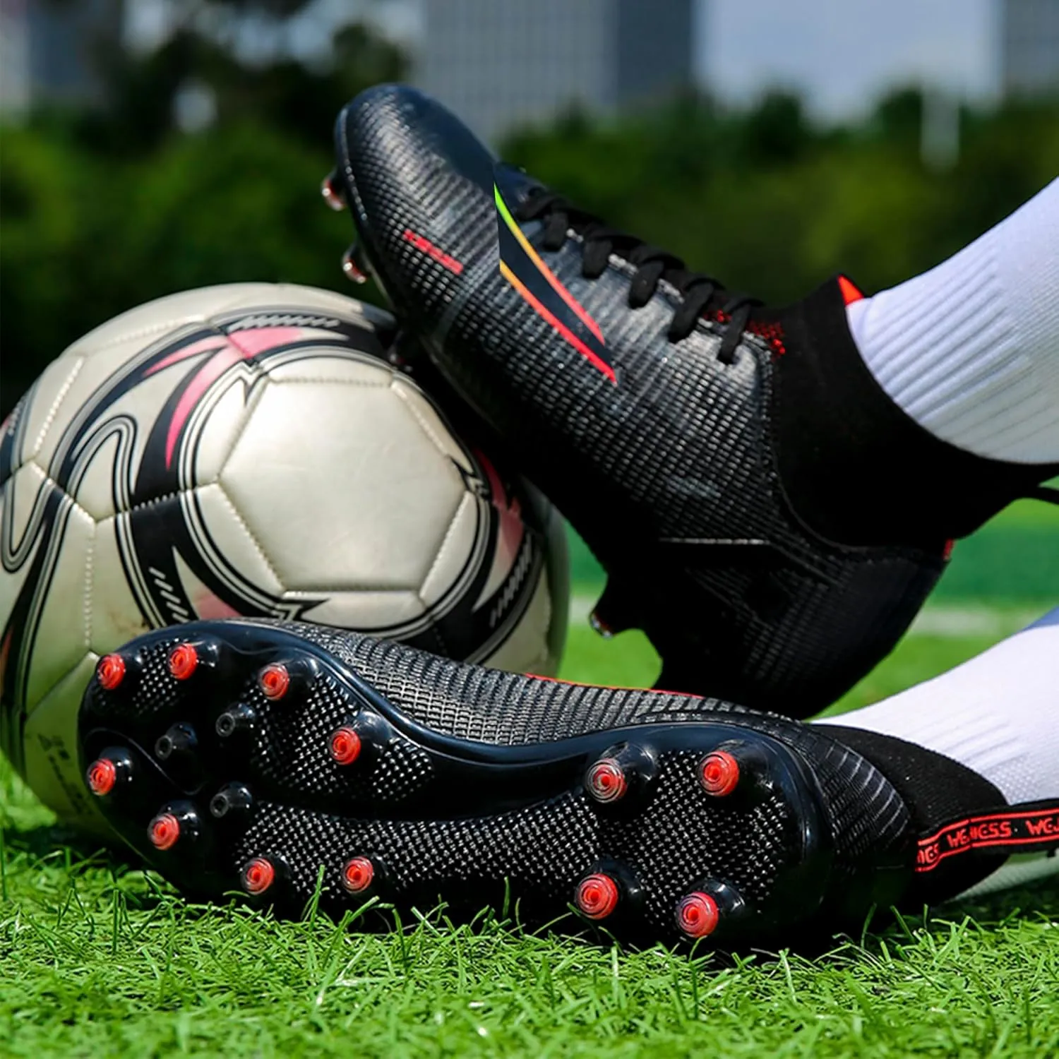 HHY Men's Soccer Shoes Football Cleats with Lace-Up High-Tops Non-Slip Spikes