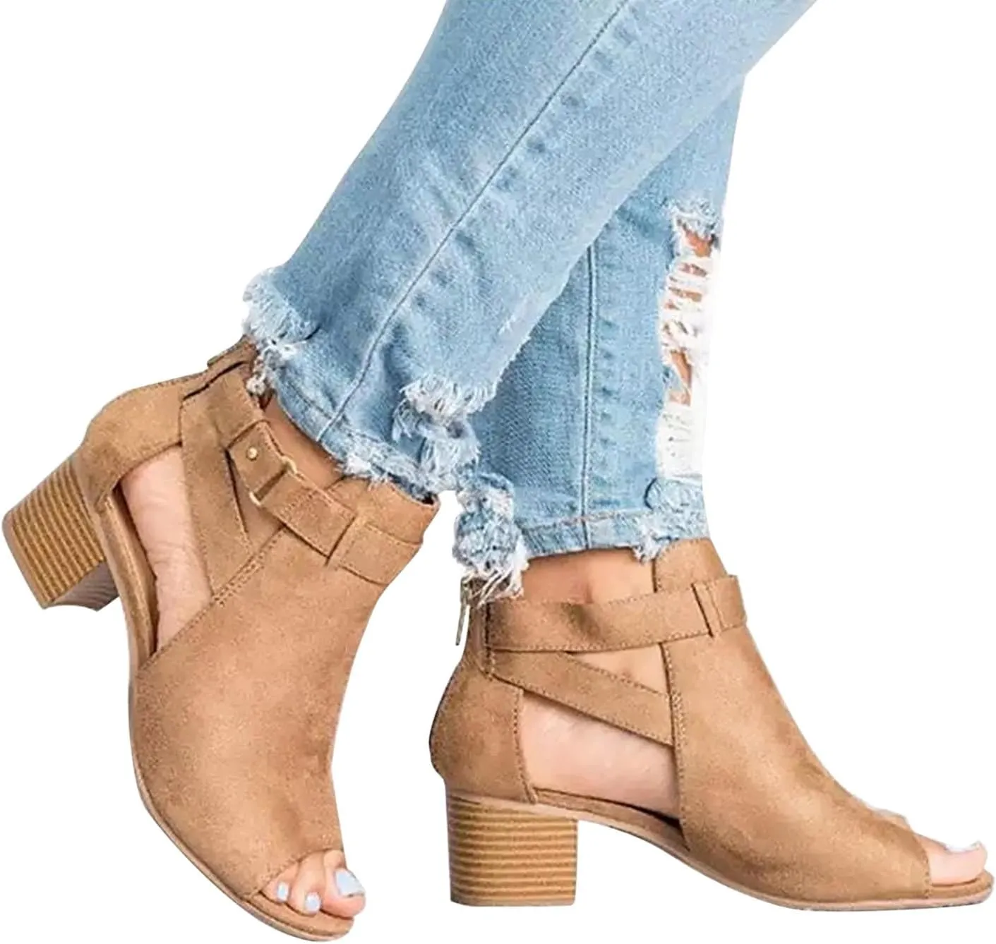 High Heels for Women Open Toe Square Toe Strappy Sandals Chunky Heel Ankle Strap Shoes