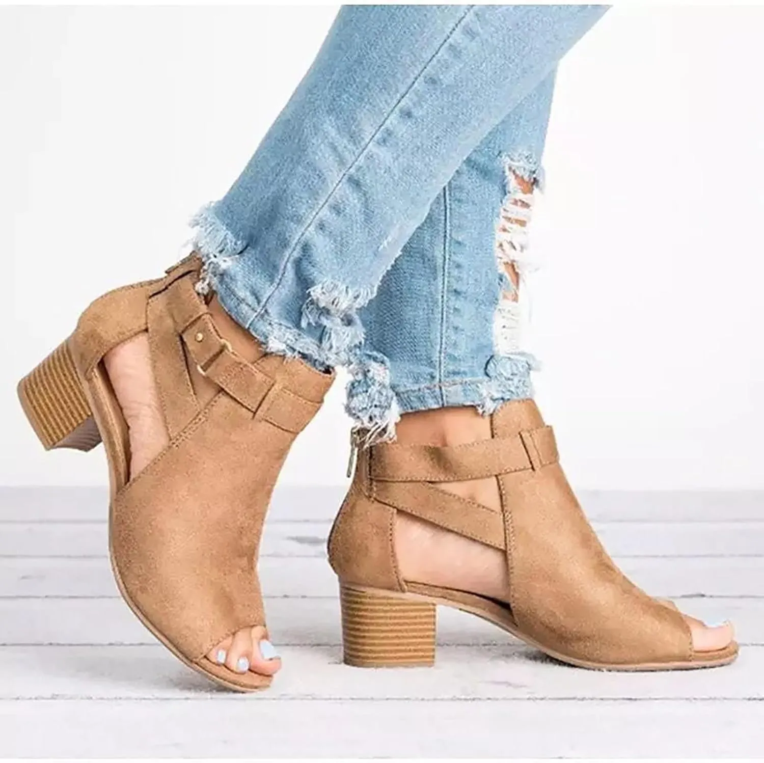 High Heels for Women Open Toe Square Toe Strappy Sandals Chunky Heel Ankle Strap Shoes