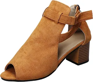High Heels for Women Open Toe Square Toe Strappy Sandals Chunky Heel Ankle Strap Shoes