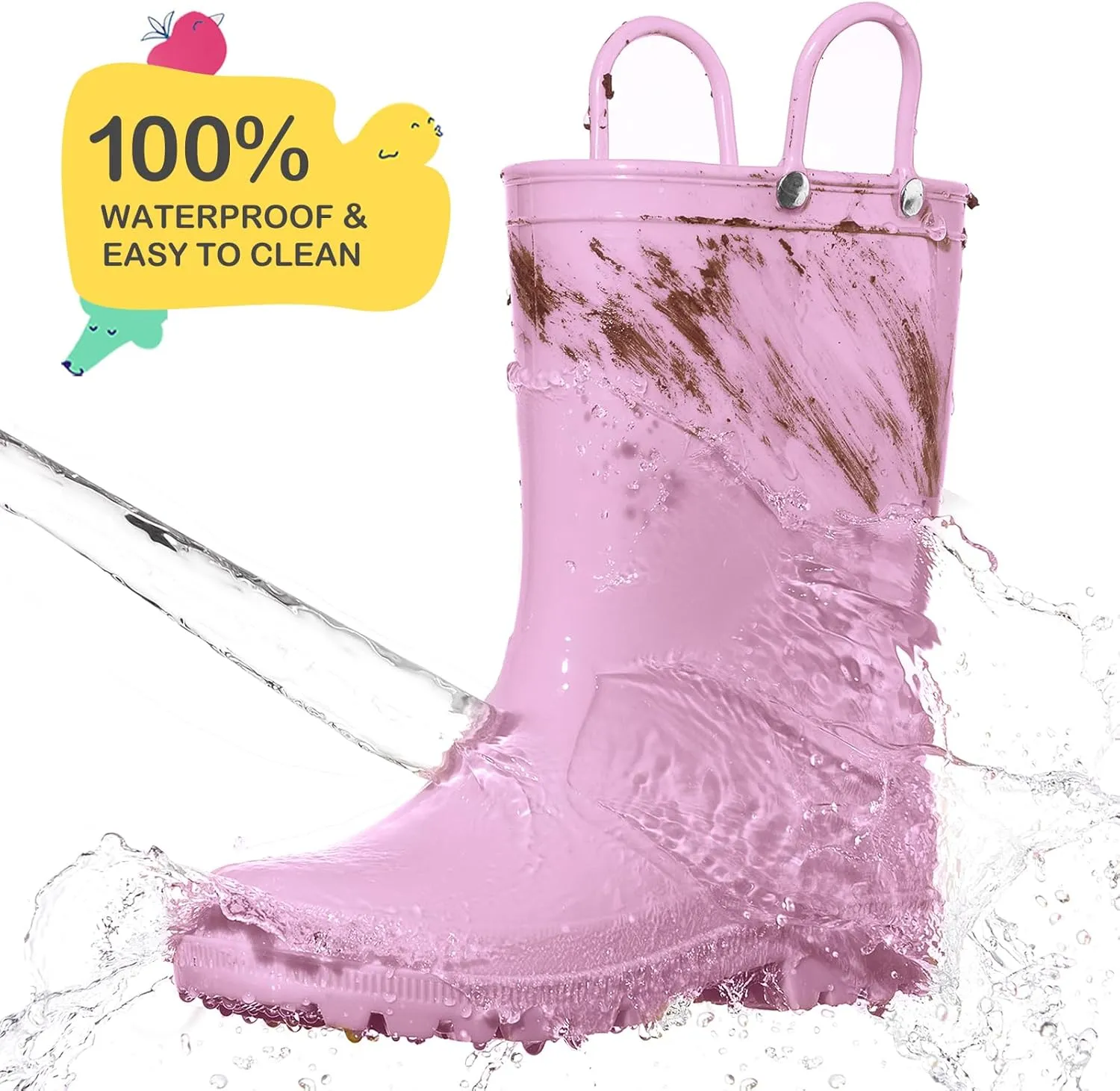 HISEA Kids Rain Boots for Toddler Boys Girls, Waterproof Rubber Boots with Easy-On Handles, Seamless PVC Rainboots Lightweight Mud Shoes for Water Beach Outdoor Playing (Toddler/Little Kid/Big Kid)