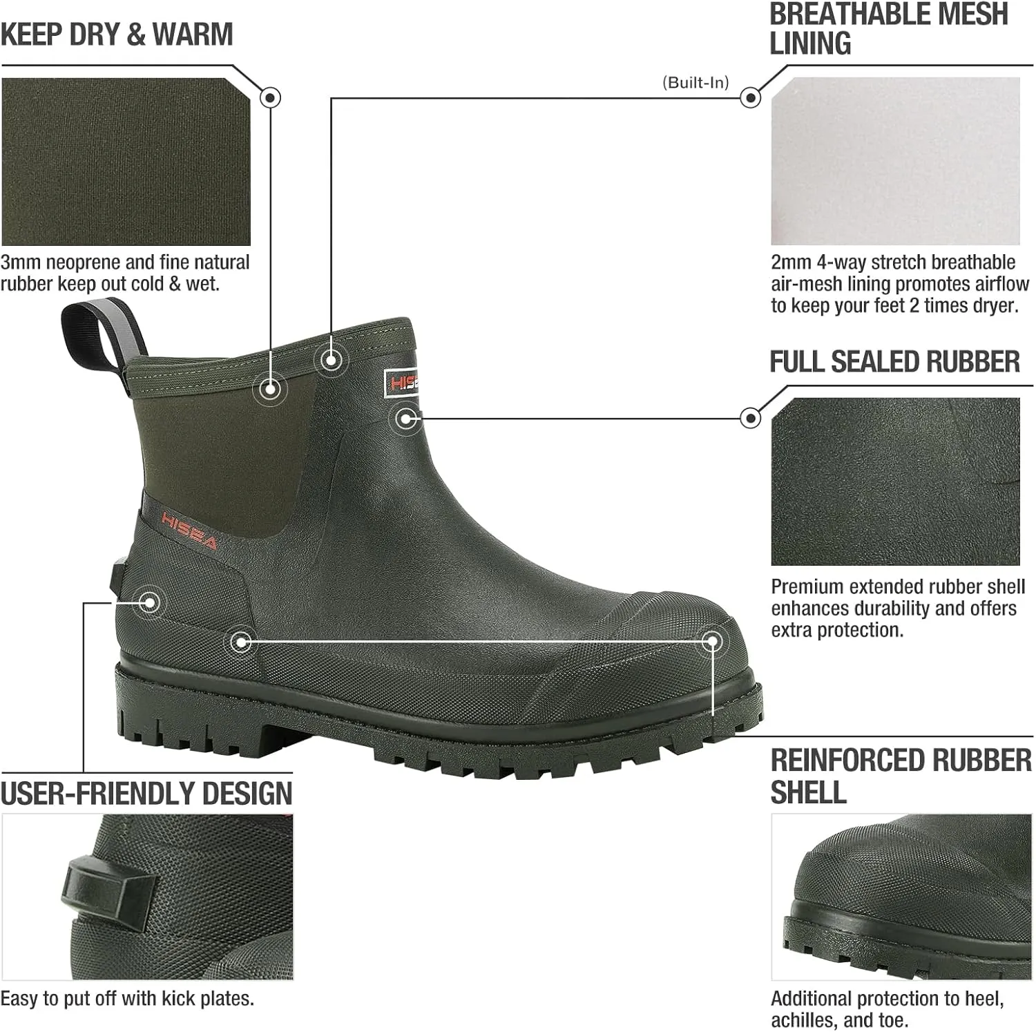 HISEA Men's Chelsea Rain Boots, Rubber Ankle Short Boots for Men Waterproof, Durable Insulated Mud Booties for Outdoor Garden Work