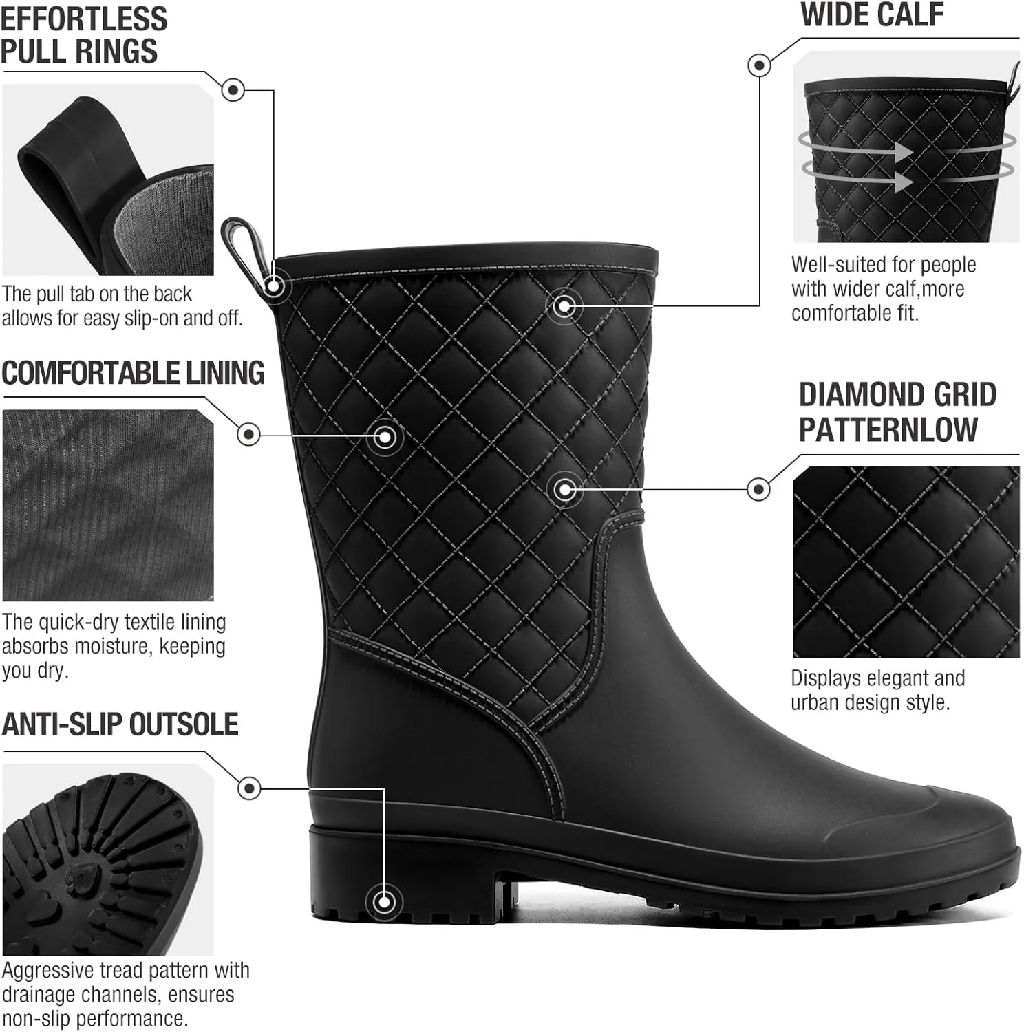 HISEA Rain Boots for Women, Lightweight Fashion Rubber Boots Mid Height Waterproof Garden Shoes Women's Rain Footwear