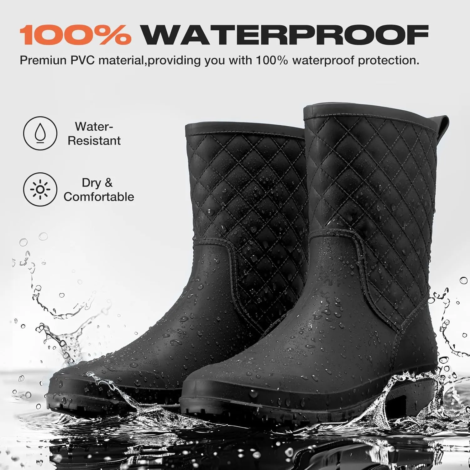 HISEA Rain Boots for Women, Lightweight Fashion Rubber Boots Mid Height Waterproof Garden Shoes Women's Rain Footwear