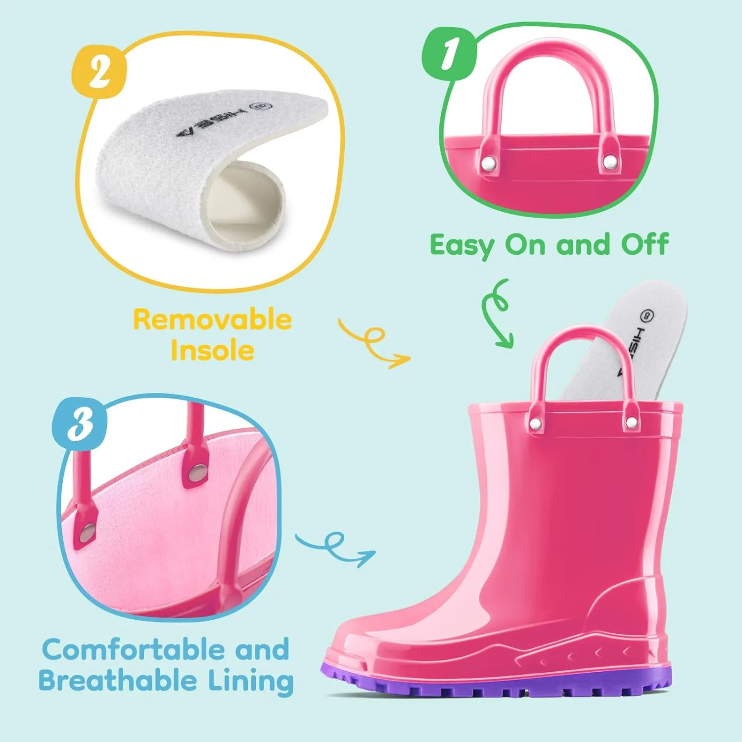 HISEA Toddler Kids Rain Boots for Boys Girls, Waterproof Rubber Boots with Easy-On Handles, Seamless Soft PVC Rainboots Lightweight Mud Shoes for Water Beach Outdoor Playing (Toddler/Little Kid/Big Kid)