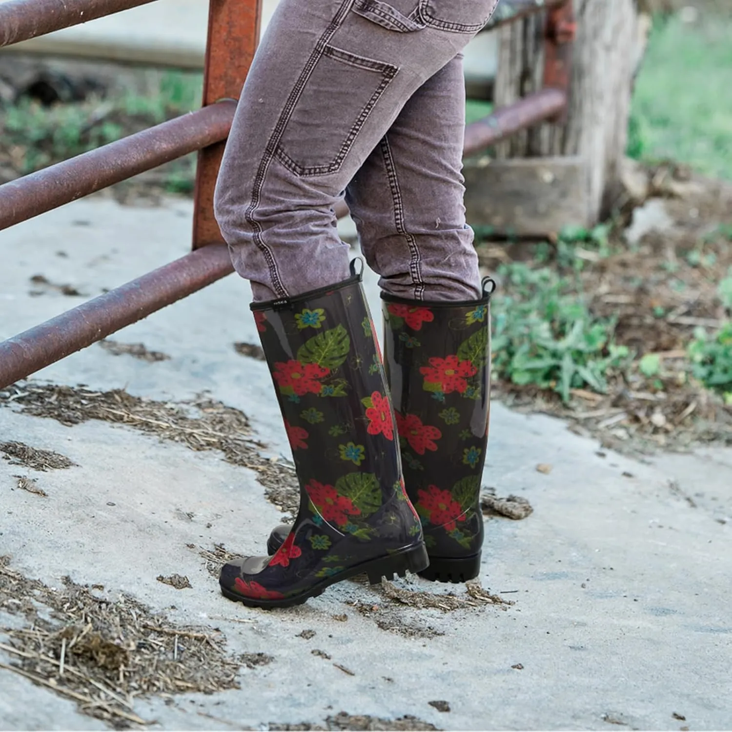 HISEA Women's Rain Boots Fashion Waterproof Garden Shoes Colorful Printed Rubber Boots Anti-Slipping Rainboots for Ladies with Comfort Insole Tall Knee High Outdoor Rain Shoes