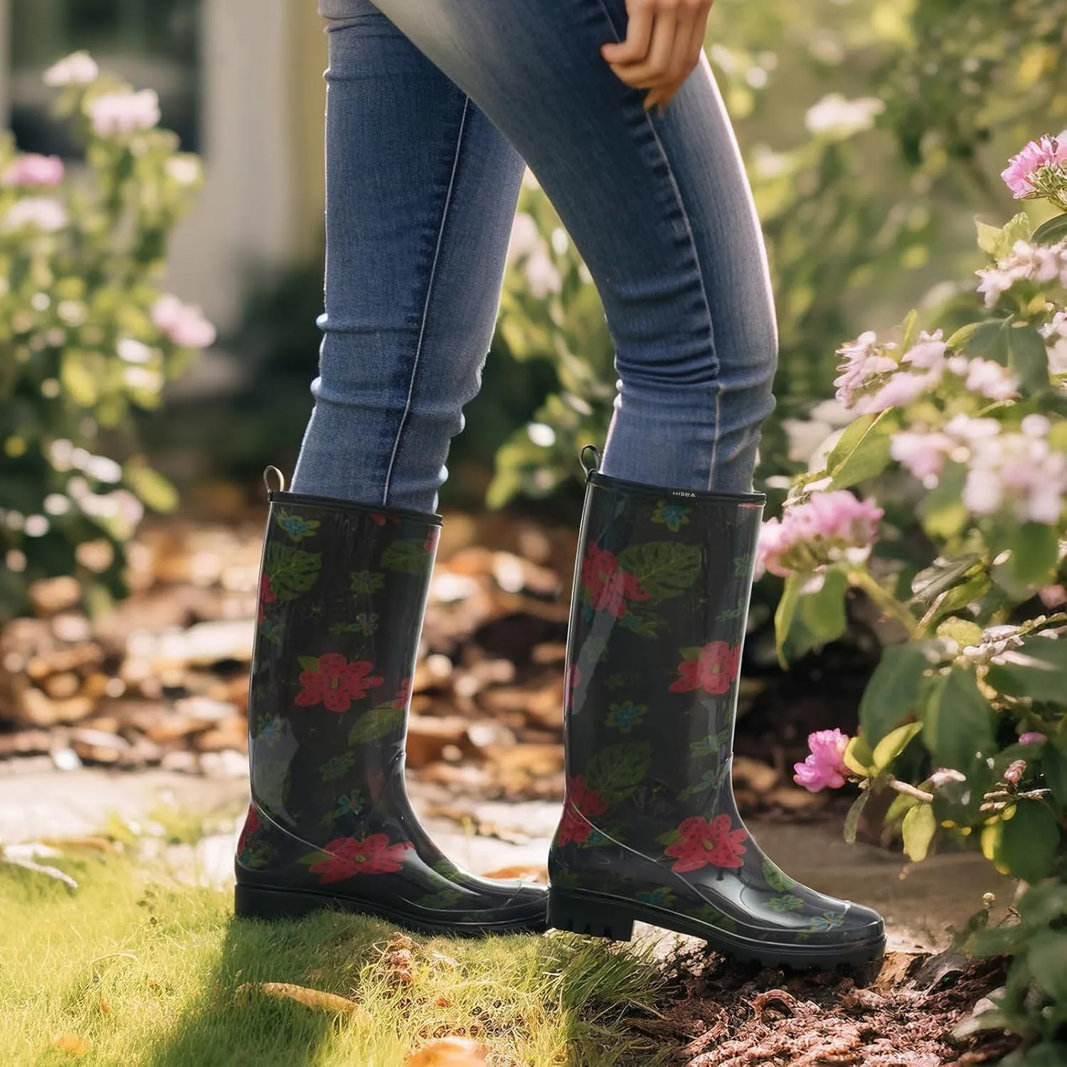 HISEA Women's Rain Boots Fashion Waterproof Garden Shoes Colorful Printed Rubber Boots Anti-Slipping Rainboots for Ladies with Comfort Insole Tall Knee High Outdoor Rain Shoes