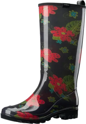 HISEA Women's Rain Boots Fashion Waterproof Garden Shoes Colorful Printed Rubber Boots Anti-Slipping Rainboots for Ladies with Comfort Insole Tall Knee High Outdoor Rain Shoes