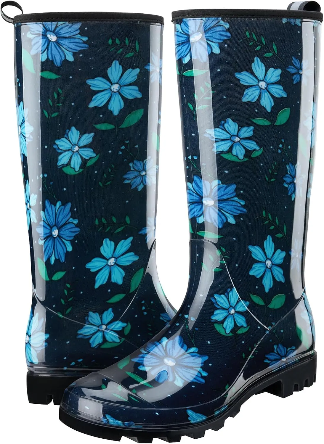 HISEA Women's Rain Boots Waterproof Garden Shoes Colorful Printed Knee High Rubber Boots Anti-Slipping Rainboots for Ladies with Comfort Insole Tall Wellington Rain Shoes