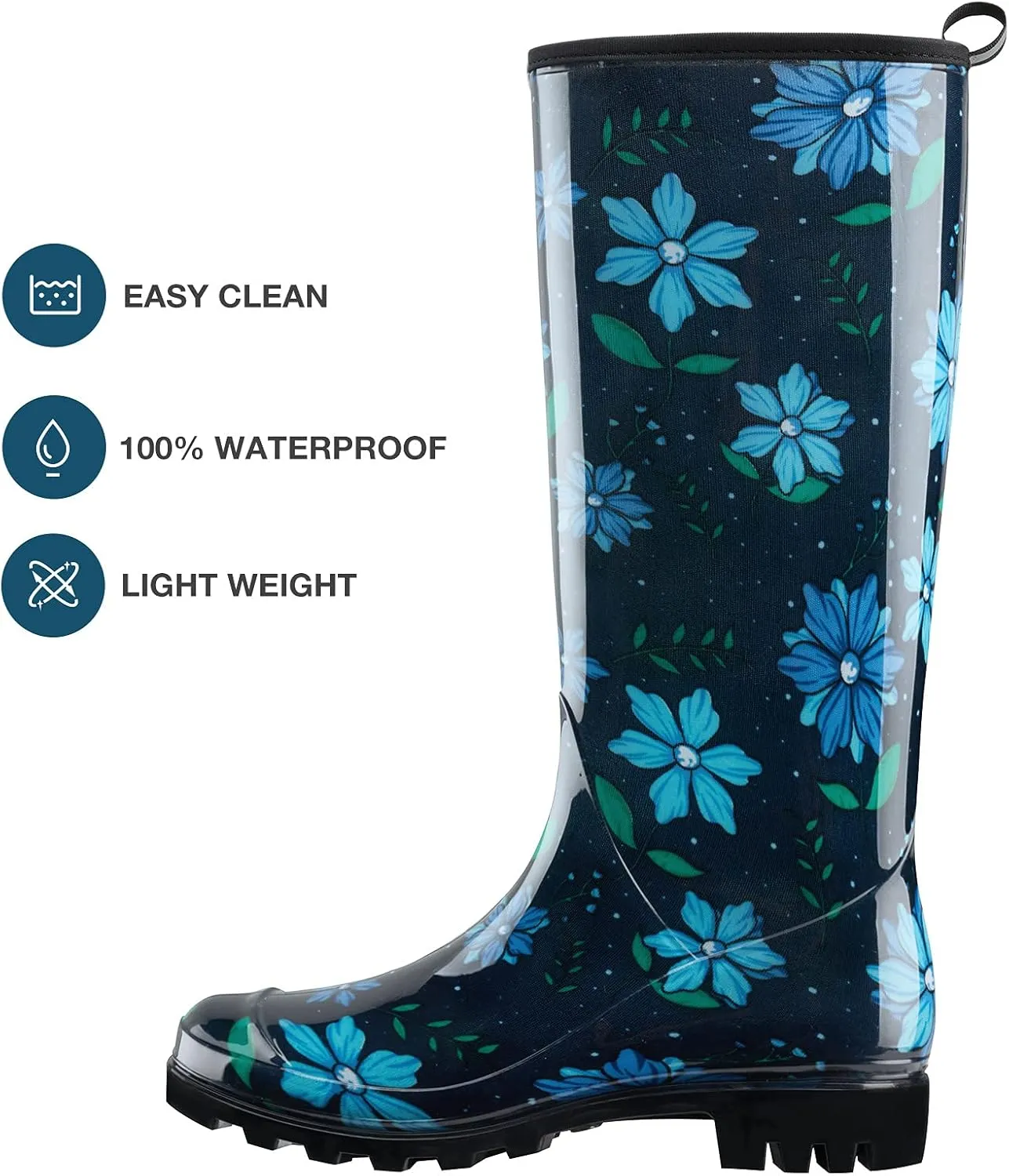 HISEA Women's Rain Boots Waterproof Garden Shoes Colorful Printed Knee High Rubber Boots Anti-Slipping Rainboots for Ladies with Comfort Insole Tall Wellington Rain Shoes