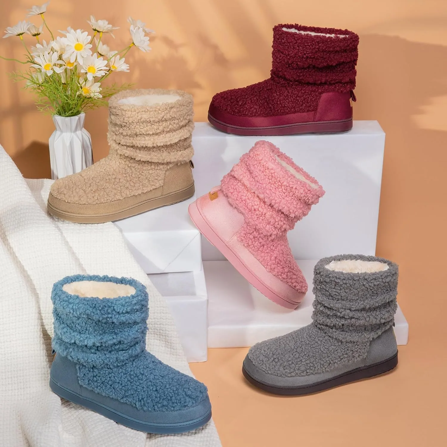 HomeTop Women's Bootie Slippers Fuzzy Warm Memory Foam Indoor House Shoes with Non-slip Rubber Soles