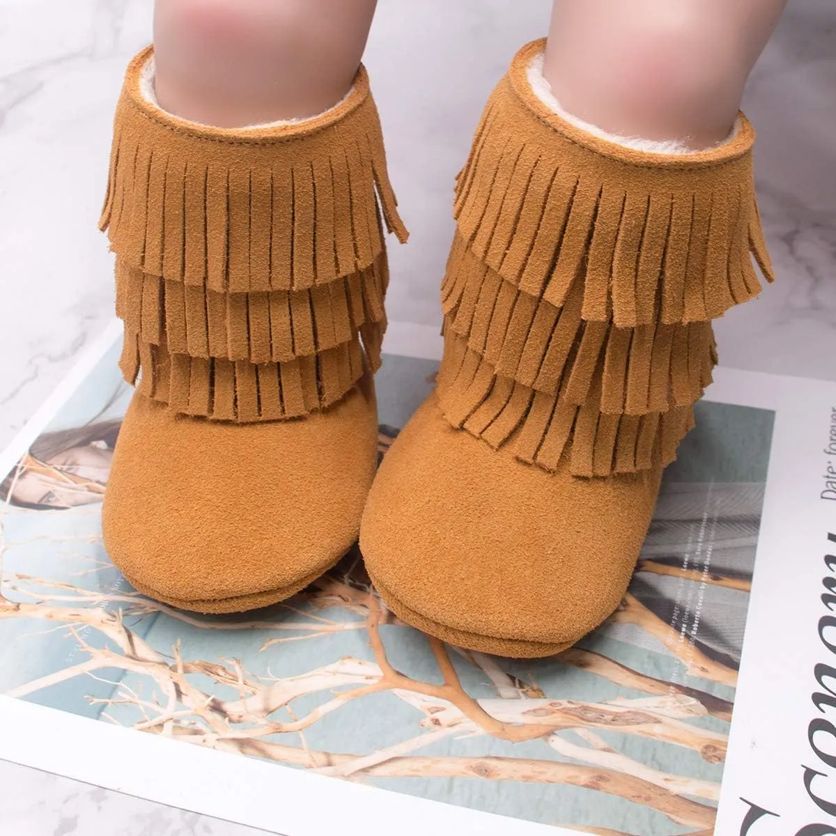 HONGTEYA Real Leather Fringe Baby Booties for Girls Boys Winter Warm Snow Boots with Tassels Hard Sole Fur Lined Toddler Moccasins Shoes