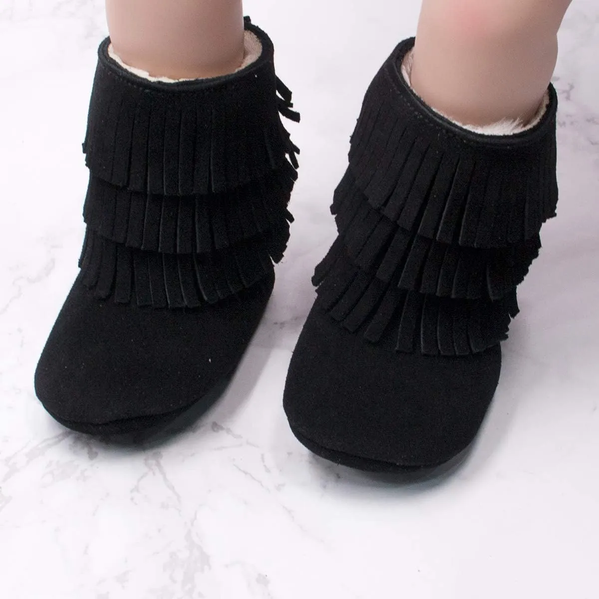 HONGTEYA Real Leather Fringe Baby Booties for Girls Boys Winter Warm Snow Boots with Tassels Hard Sole Fur Lined Toddler Moccasins Shoes