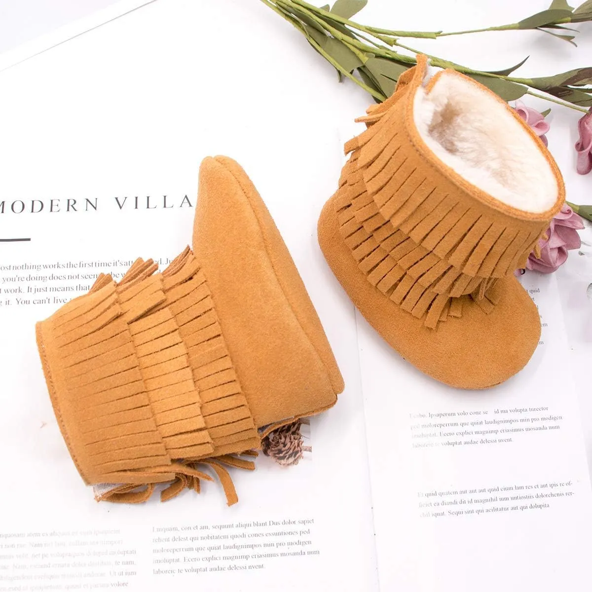 HONGTEYA Real Leather Fringe Baby Booties for Girls Boys Winter Warm Snow Boots with Tassels Hard Sole Fur Lined Toddler Moccasins Shoes