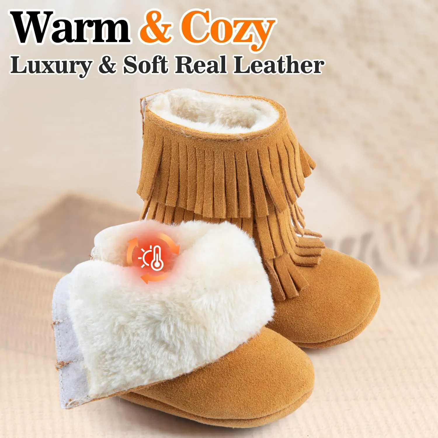 HONGTEYA Real Leather Fringe Baby Booties for Girls Boys Winter Warm Snow Boots with Tassels Hard Sole Fur Lined Toddler Moccasins Shoes