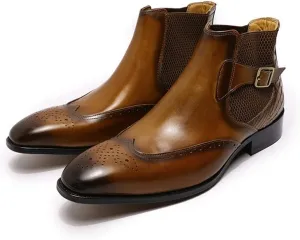 HOOENG Chelsea Boots for Men Win Tip Elastic Sided Buckle Crocodile Carven Brogue Bright Toe Monk Belt Waterproof Slip on Anti-Slip Non Slip Work (Color : Brown, Size : 8.5)