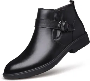 HOOENG Round Toe Ankle Boots for Men Cowhide Gumshoe Wedge Sole Bout Toe Buckle on Non Slip Anti-Slip Wearable Waterproof Formal Work (Color : Black, Size : 6.5)