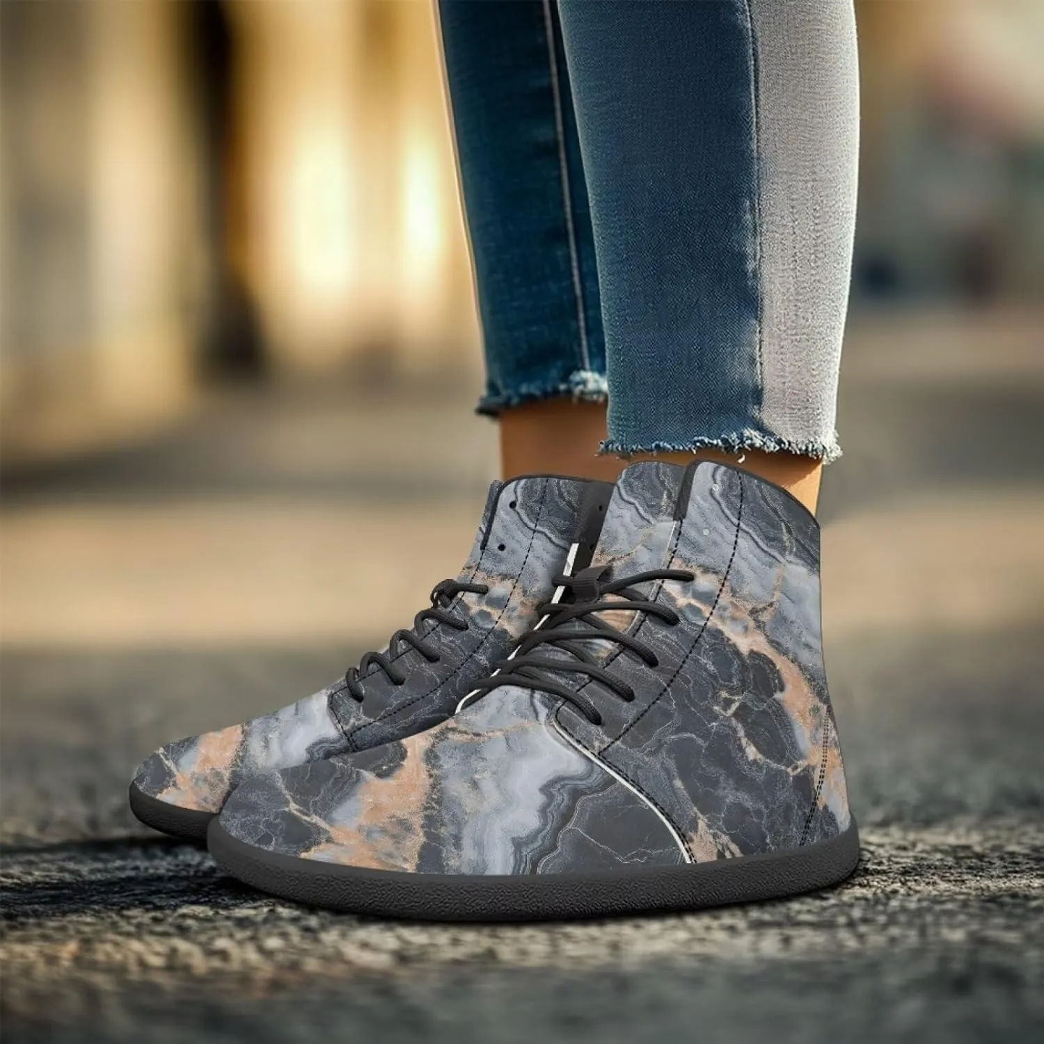 Howilath Marble Print High Top Sneakers for Men Wide Toe Barefoot Shoes Waterproof Running Cross Training Shoe