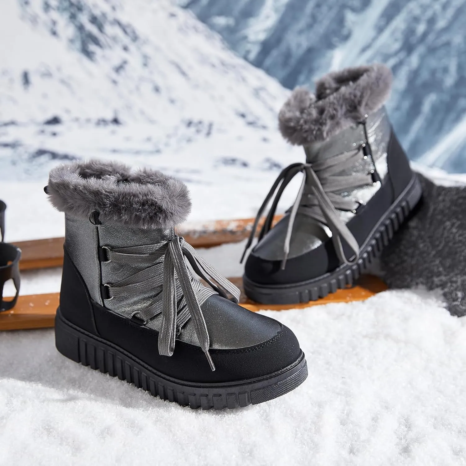 HYPOCRUTE Women's Fur lined Snow Boots Warm Winter Boots for Women Lace up Non Slip Ankle Booties Comfortable Fuzzy Boots with Zipper