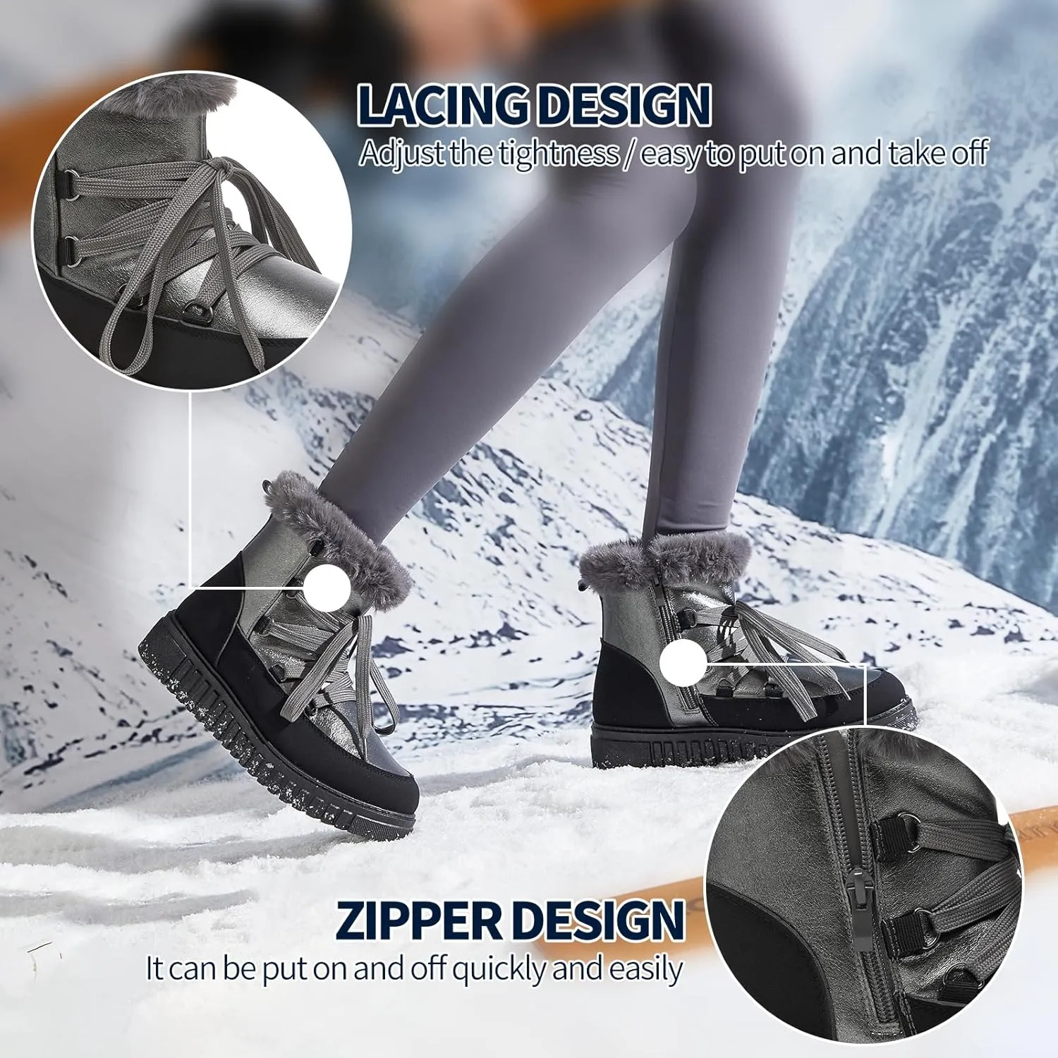 HYPOCRUTE Women's Fur lined Snow Boots Warm Winter Boots for Women Lace up Non Slip Ankle Booties Comfortable Fuzzy Boots with Zipper