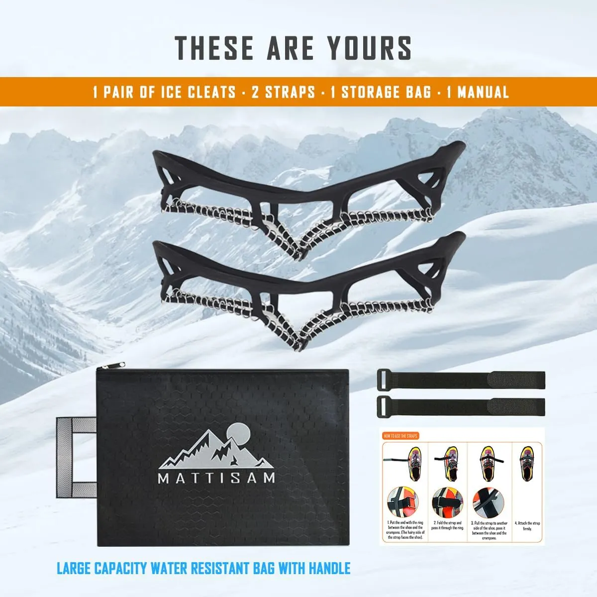 Ice Cleats for Walking on Ice Snow, Crampons Traction Grips Spikes for Shoes Boots, Anti-Slip Flexible Footwear Grippers for Climbing Hiking Fishing Outdoor Running with 2 Adjustable Straps