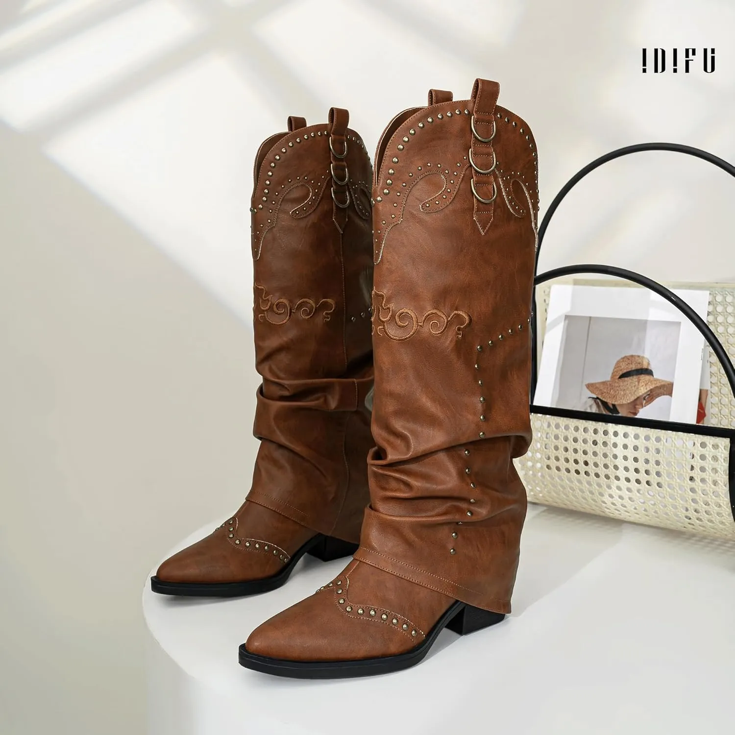 IDIFU IN2 Fold Over Cowboy Boots for Women Cowgirl Knee High Western Embroidered Pointed Toe Slouchy Low Short Block Chunky Heel Zipper Comfort Fashion Cute Trendy Prom Dressy Fall Boots
