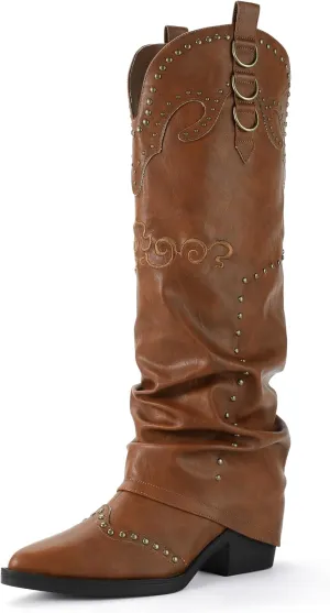 IDIFU IN2 Fold Over Cowboy Boots for Women Cowgirl Knee High Western Embroidered Pointed Toe Slouchy Low Short Block Chunky Heel Zipper Comfort Fashion Cute Trendy Prom Dressy Fall Boots