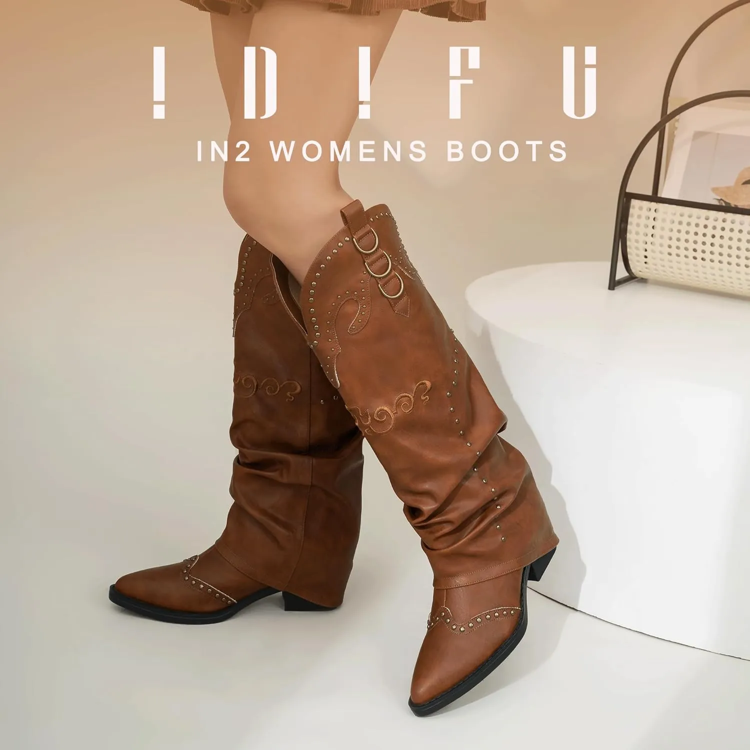 IDIFU IN2 Fold Over Cowboy Boots for Women Cowgirl Knee High Western Embroidered Pointed Toe Slouchy Low Short Block Chunky Heel Zipper Comfort Fashion Cute Trendy Prom Dressy Fall Boots