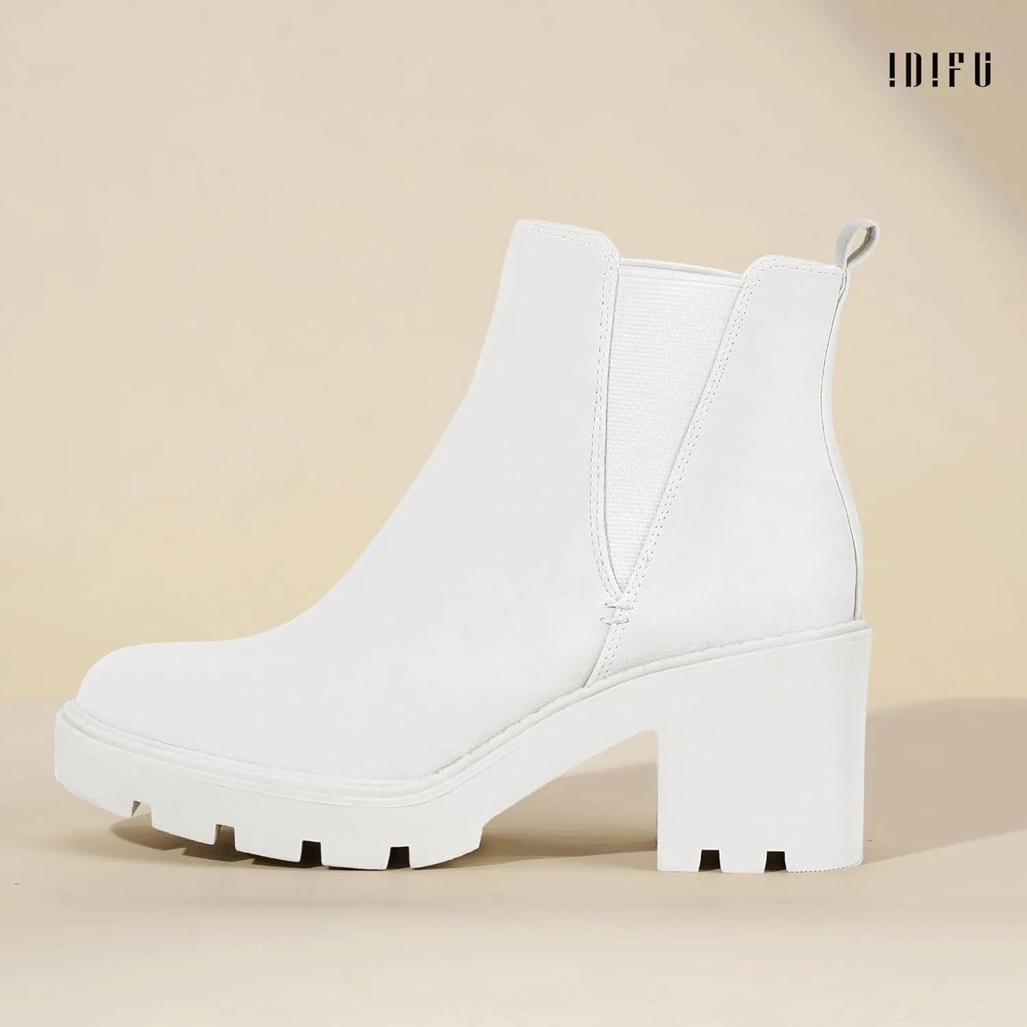 IDIFU IN3 Chelsea Ankle Boots Womens Boots Low Short Block Chunky Thick Heel Fall Boots Ladies Bride Wedding Slip On Closed Round Toe Booties Comfort Cute Trendy Stylish V Shaped Opening Dressy Boots