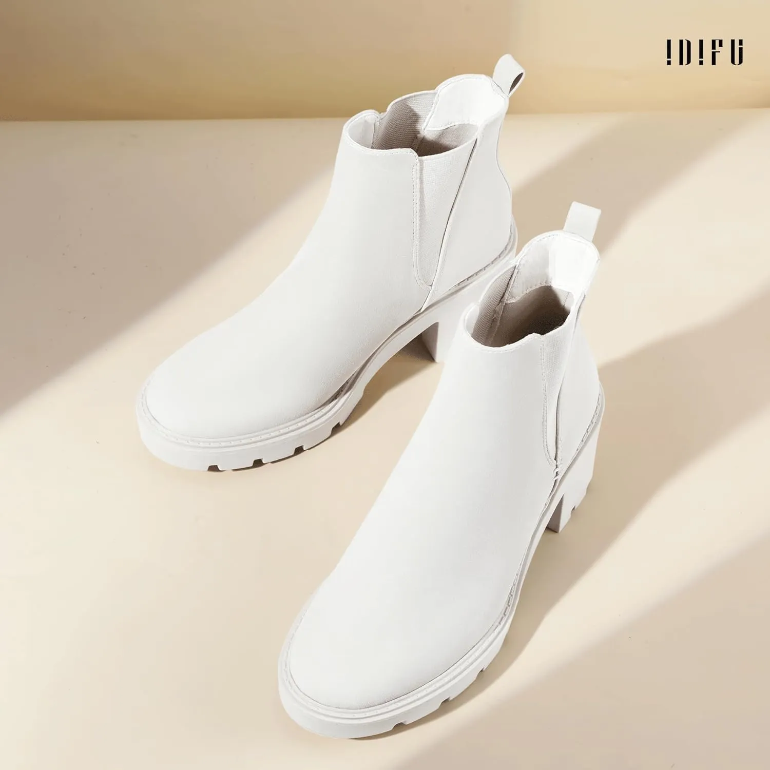 IDIFU IN3 Chelsea Ankle Boots Womens Boots Low Short Block Chunky Thick Heel Fall Boots Ladies Bride Wedding Slip On Closed Round Toe Booties Comfort Cute Trendy Stylish V Shaped Opening Dressy Boots