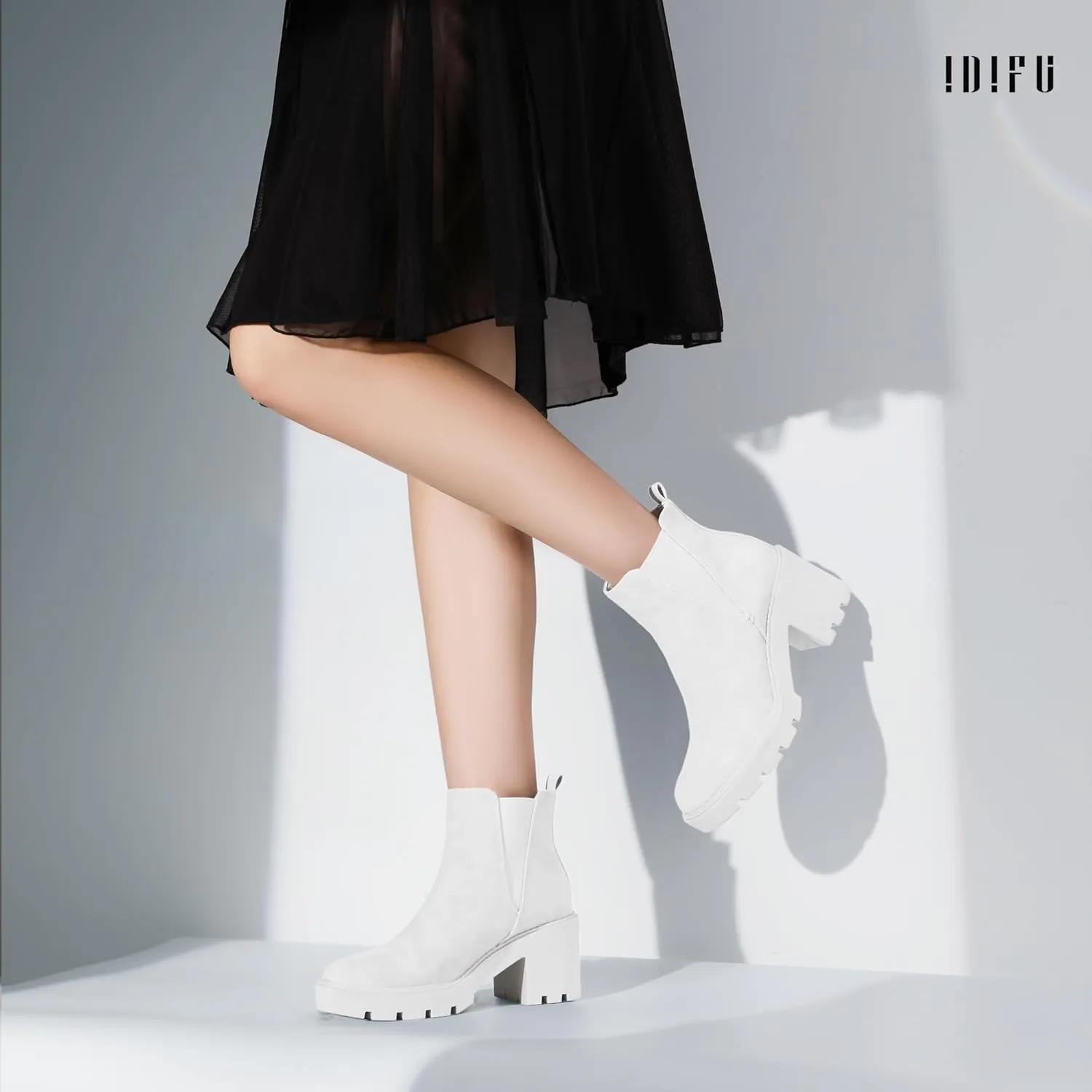 IDIFU IN3 Chelsea Ankle Boots Womens Boots Low Short Block Chunky Thick Heel Fall Boots Ladies Bride Wedding Slip On Closed Round Toe Booties Comfort Cute Trendy Stylish V Shaped Opening Dressy Boots