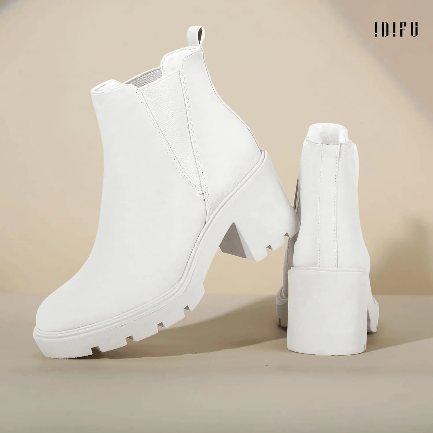 IDIFU IN3 Chelsea Ankle Boots Womens Boots Low Short Block Chunky Thick Heel Fall Boots Ladies Bride Wedding Slip On Closed Round Toe Booties Comfort Cute Trendy Stylish V Shaped Opening Dressy Boots