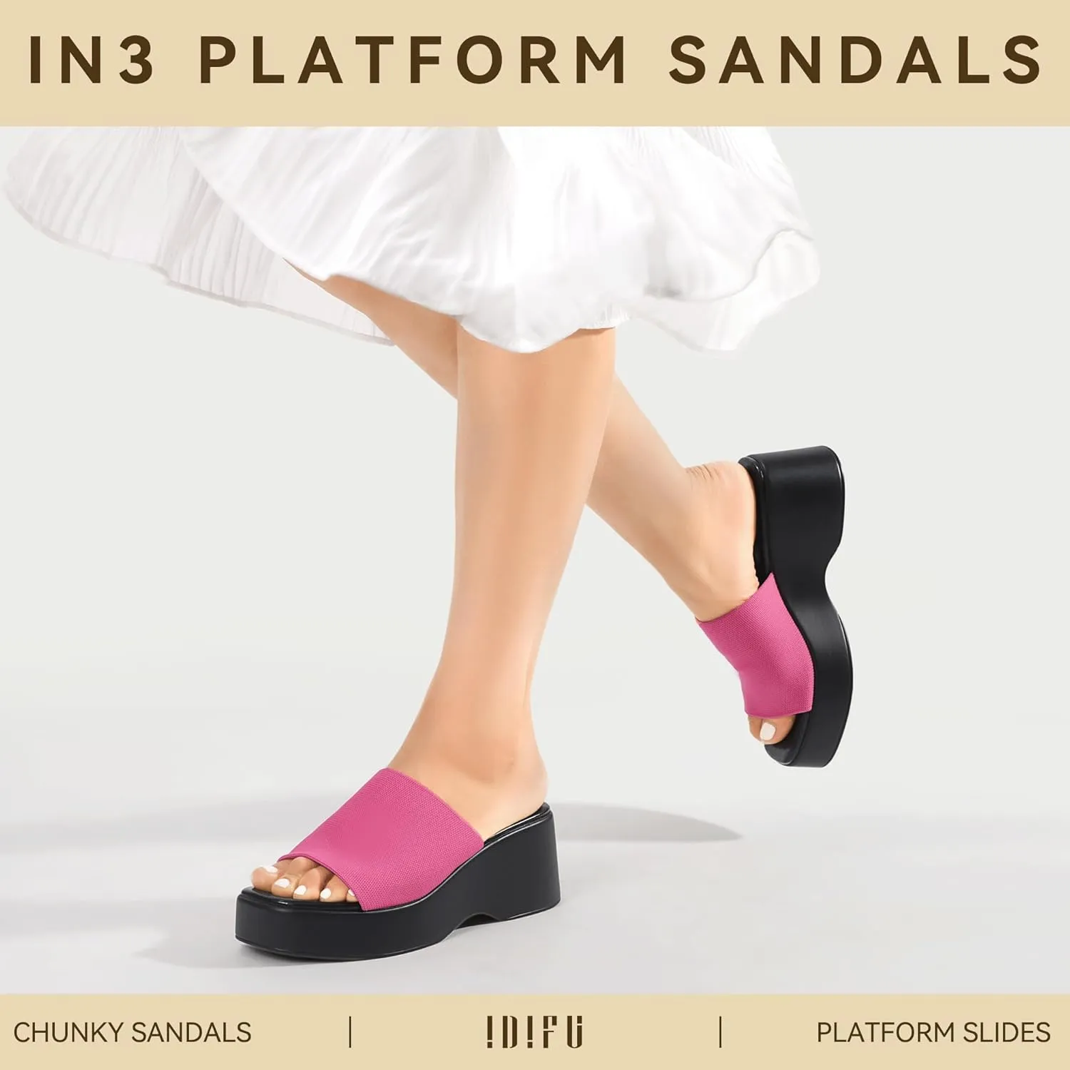 IDIFU IN3 Platform Sandals Womens Wedges Sandals Comfortable Cute Square Open Toe Slides Sandals Lightweight Slip On Chunky Wedges Heels Sandals Dressy Casual Summer Beach Walking Sandals Shoes