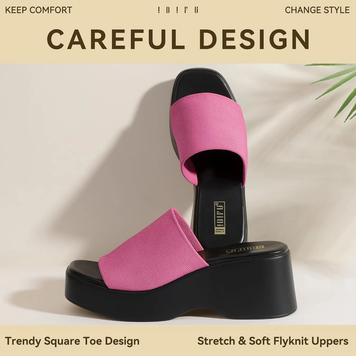 IDIFU IN3 Platform Sandals Womens Wedges Sandals Comfortable Cute Square Open Toe Slides Sandals Lightweight Slip On Chunky Wedges Heels Sandals Dressy Casual Summer Beach Walking Sandals Shoes