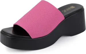 IDIFU IN3 Platform Sandals Womens Wedges Sandals Comfortable Cute Square Open Toe Slides Sandals Lightweight Slip On Chunky Wedges Heels Sandals Dressy Casual Summer Beach Walking Sandals Shoes