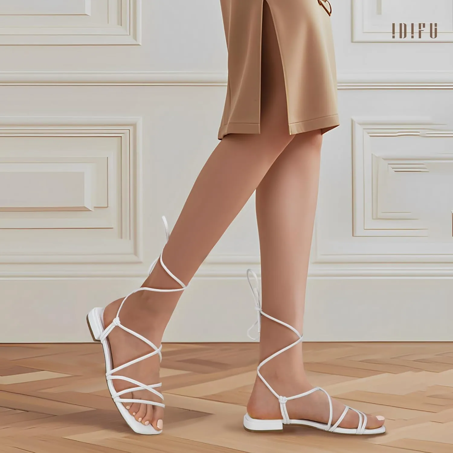 IDIFU Strappy Lace Up Flat Sandals for Women Tie Up Square Open Toe Ankle Warp Straps Dressy Gladiator Summer Beach Wedding Party Ladies Comfortable Cute Casual Trendy Dress Sandals