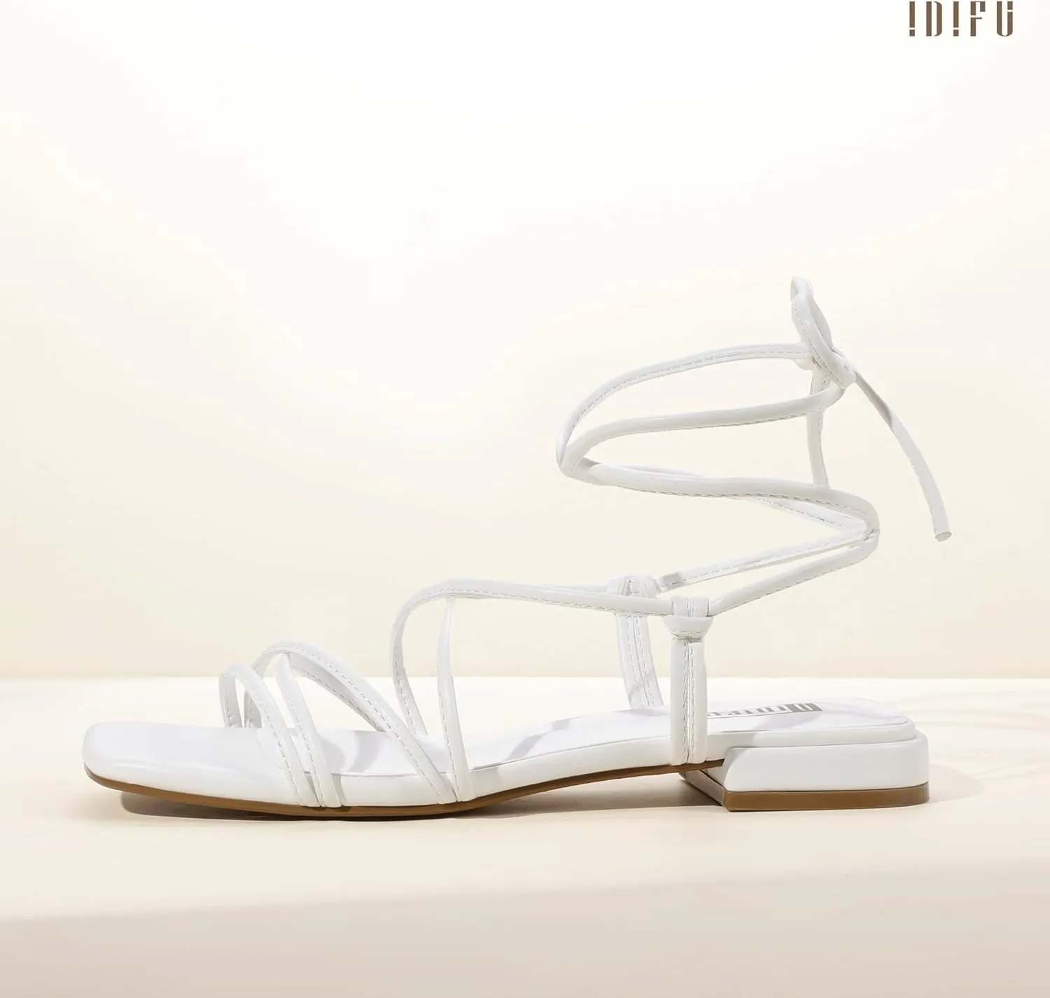 IDIFU Strappy Lace Up Flat Sandals for Women Tie Up Square Open Toe Ankle Warp Straps Dressy Gladiator Summer Beach Wedding Party Ladies Comfortable Cute Casual Trendy Dress Sandals
