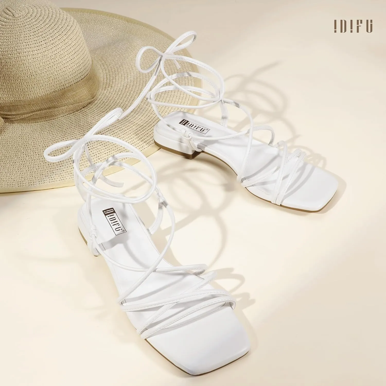 IDIFU Strappy Lace Up Flat Sandals for Women Tie Up Square Open Toe Ankle Warp Straps Dressy Gladiator Summer Beach Wedding Party Ladies Comfortable Cute Casual Trendy Dress Sandals