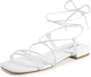 IDIFU Strappy Lace Up Flat Sandals for Women Tie Up Square Open Toe Ankle Warp Straps Dressy Gladiator Summer Beach Wedding Party Ladies Comfortable Cute Casual Trendy Dress Sandals