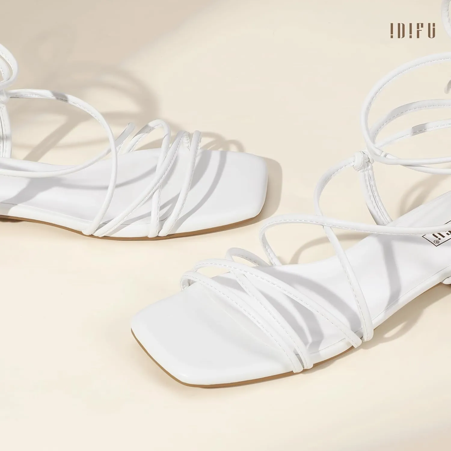 IDIFU Strappy Lace Up Flat Sandals for Women Tie Up Square Open Toe Ankle Warp Straps Dressy Gladiator Summer Beach Wedding Party Ladies Comfortable Cute Casual Trendy Dress Sandals