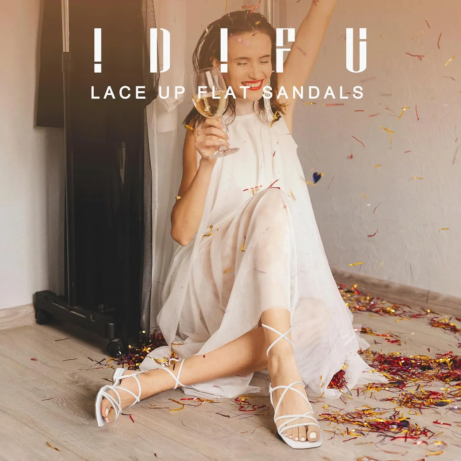 IDIFU Strappy Lace Up Flat Sandals for Women Tie Up Square Open Toe Ankle Warp Straps Dressy Gladiator Summer Beach Wedding Party Ladies Comfortable Cute Casual Trendy Dress Sandals