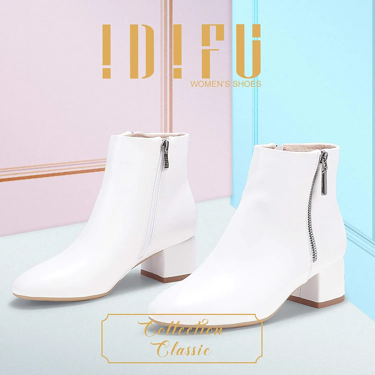 IDIFU Women Ring Zipper Ankle Boots 1.8 Inch Low Block Heels Round Toe Dress Booties