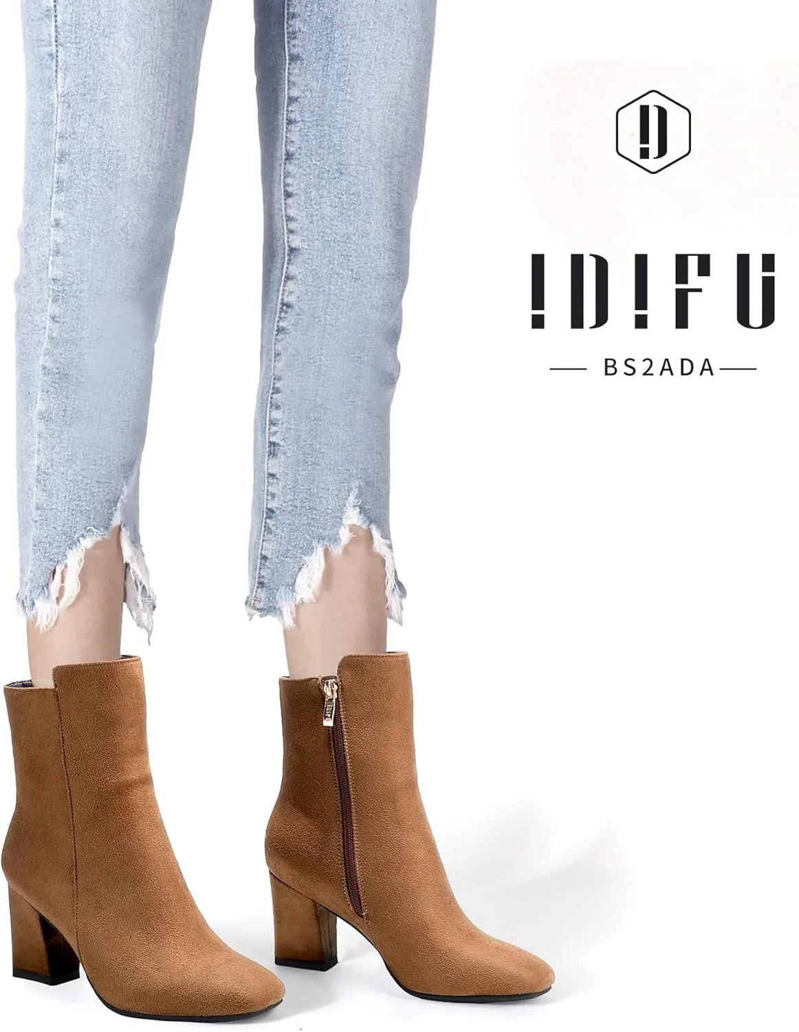 IDIFU Women's Ada Fashion Square Toe Ankle Boots Low Block Heel Short Boots Side Zipper Booties Shoes- Half Size Larger
